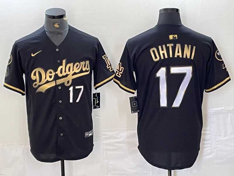 Mens Los Angeles Dodgers #17 Shohei Ohtani Number Black Gold Fashion Stitched Cool Base Limited Jersey
